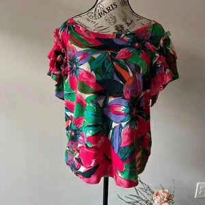 Seven Forty Two Women's Floral Print Top XL Off-Shoulder Ruffle Sleeve Blouse